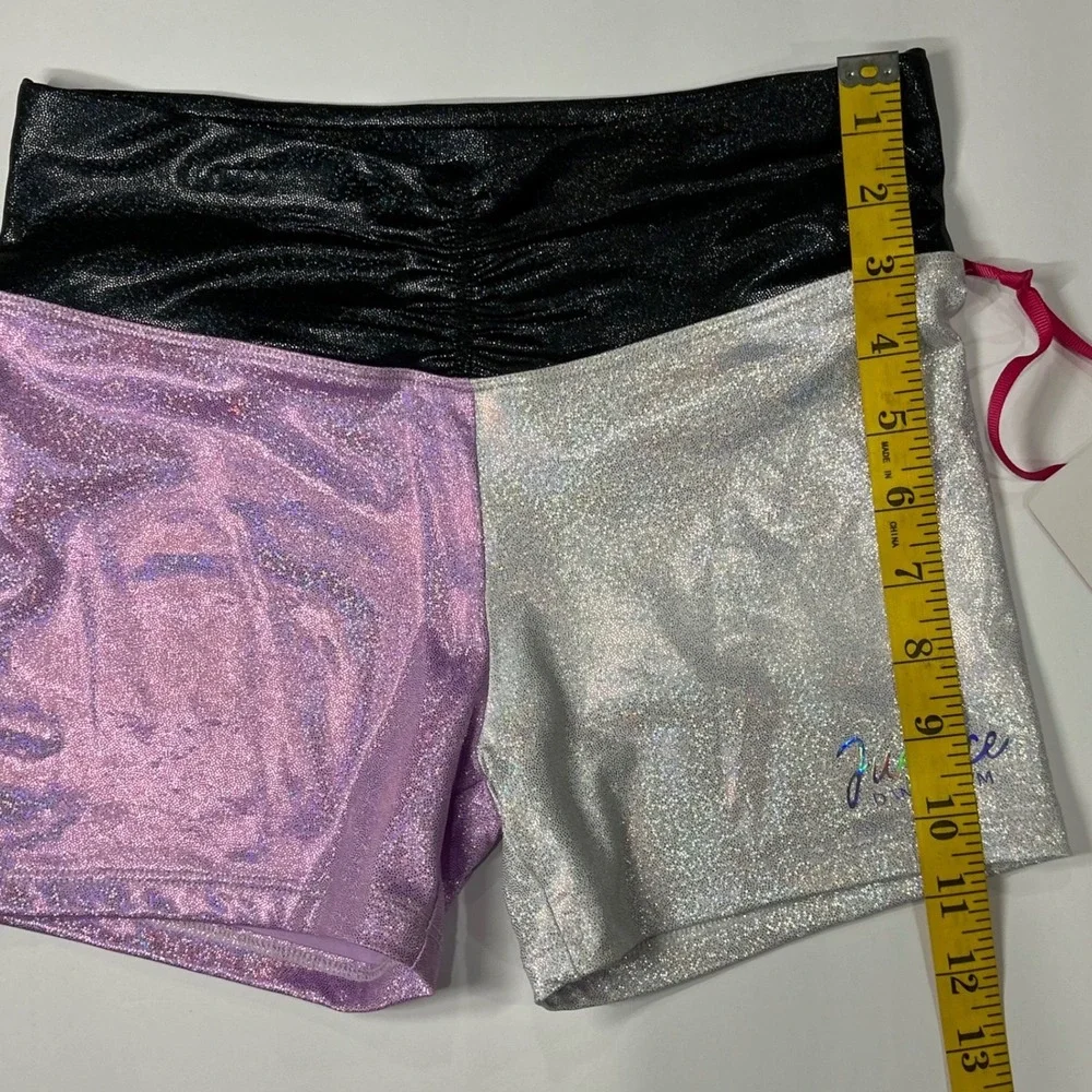 Justice Girls Iridescent Foil Colorblock Dance Gym Shorts Purple Silver L 12/14